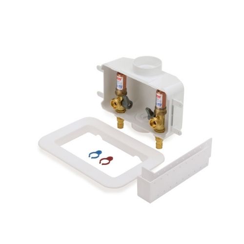 38107 Oatey Centro washing machine outlet box with valves featuring water hammer arrestors and wirsbo expansion pex connection